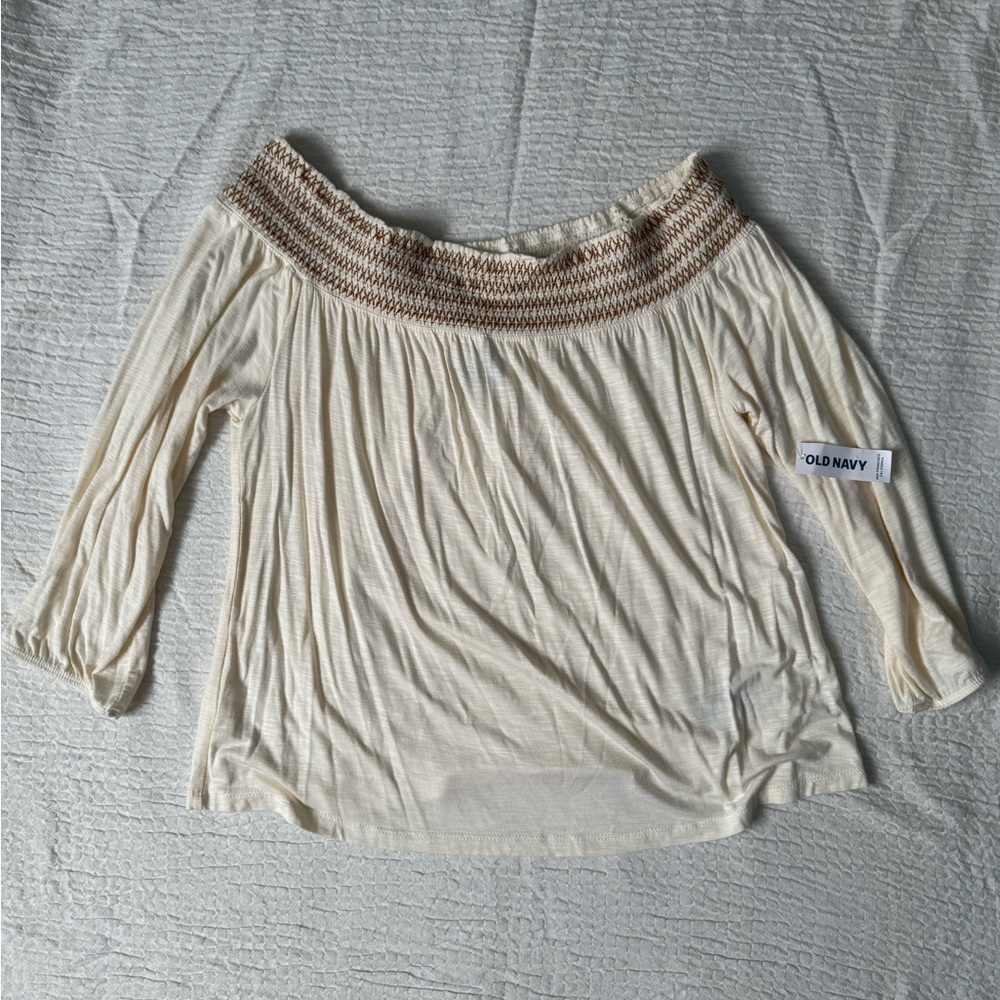 Old Navy Cream and Brown Off-Shoulder Blouse